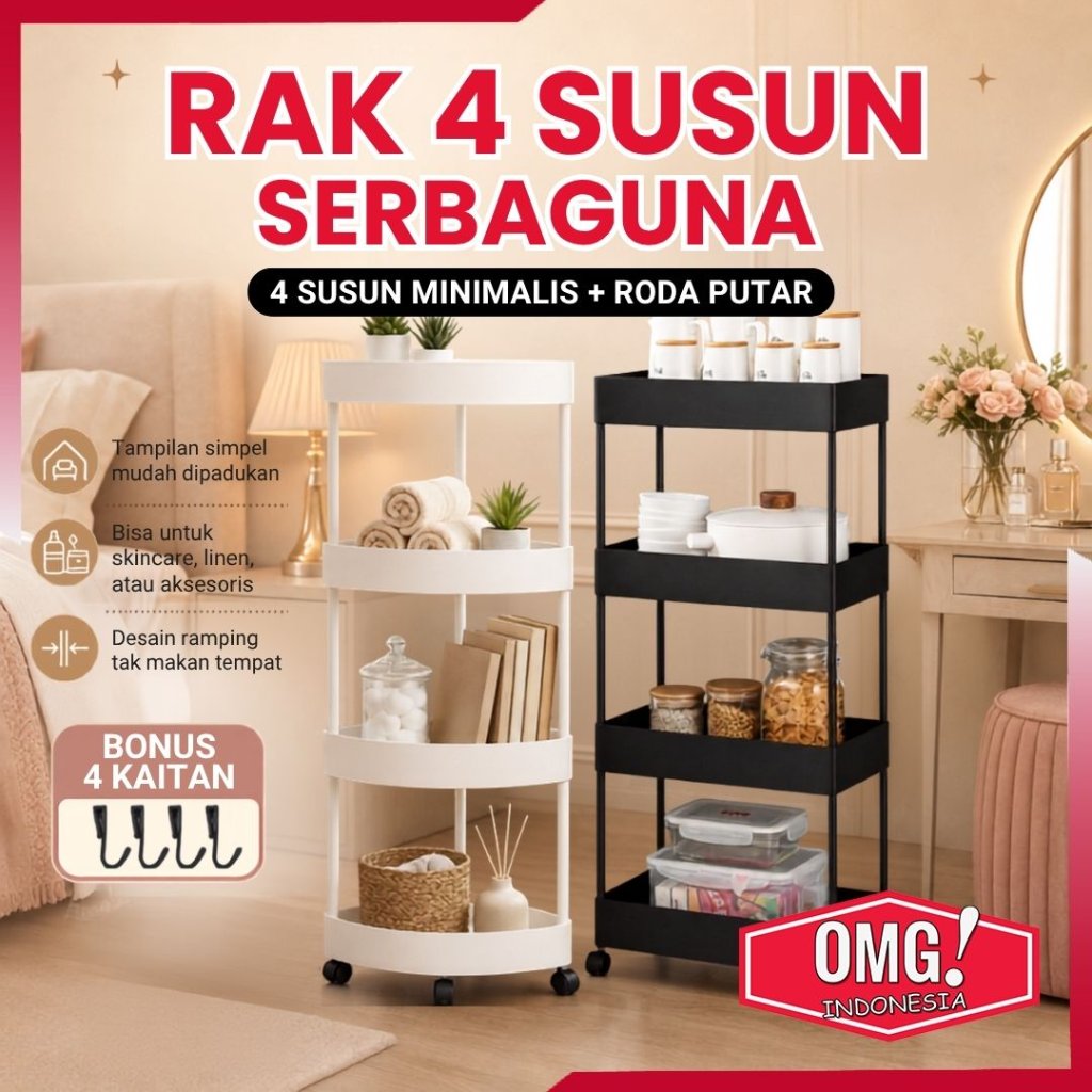 Rak Susun Troli Serbaguna 4 Tingkat Roda + Gantungan Rak Organizer Dapur Kamar Mandi Salon Kosmetik Skincare Sabun Shampoo Penyimpanan Camilan Bumbu Storage Rack Bag Multifungsi