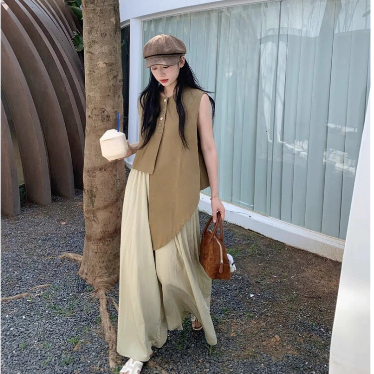 FADFAD Setelan Dua Potong Wanita | Atasan Sleeveless + Celana Wide Leg | Bahan Ringan Warna Hitam Netral | Gaya Korean Elegan Aesthetic | OOTD Kasual & Formal | Pakaian Wanita Premium Trendi Kekinian