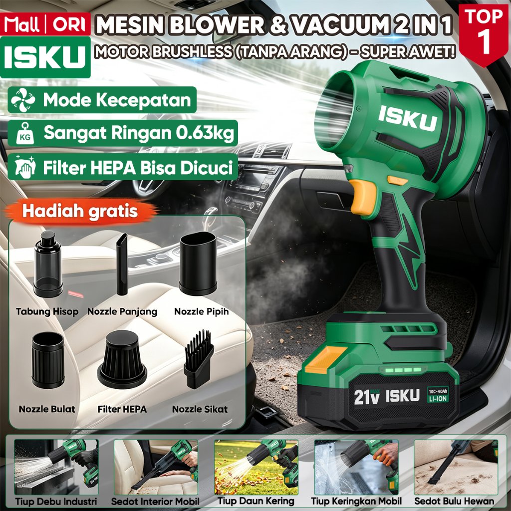 ISKU Mesin Blower Baterai Cordless 2in1 Vacuum Cleaner Mobil Brushless 21V 41m/s Alat Tiup Angin & Penyedot Debu Tanpa Kabel Filter HEPA Lampu LED Kipas Keong Pengering Cuci Mobil Motor Pembersih Debu PC Daun Kering Soket LXT Ringan 0.63Kg