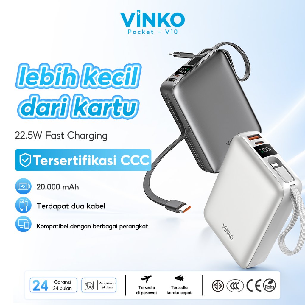 [Tersertifikasi CCC/Aman di pesawat] VINKO V10 Powerbank 20.000 mAh 22.5W Built-In USB-C/Lingtning Cable for Android/iPhone  17 Boleh dibawa ke pesawat