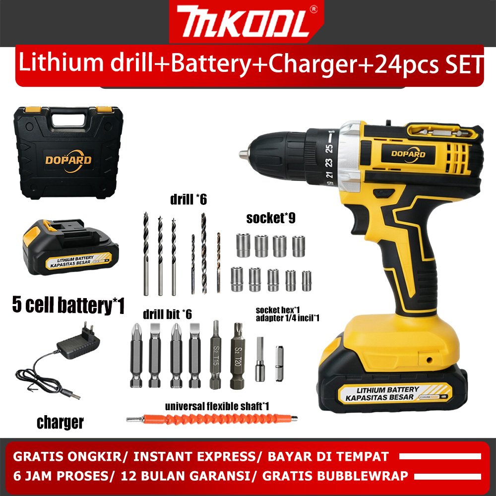 MKODL Bor Baterai Lithium  24 PCS Set Cordless Drill 5 Cell Battery 2 Pcs + Charger Alat Bor Tembok Kayu Besi Rumah Tangga COD
