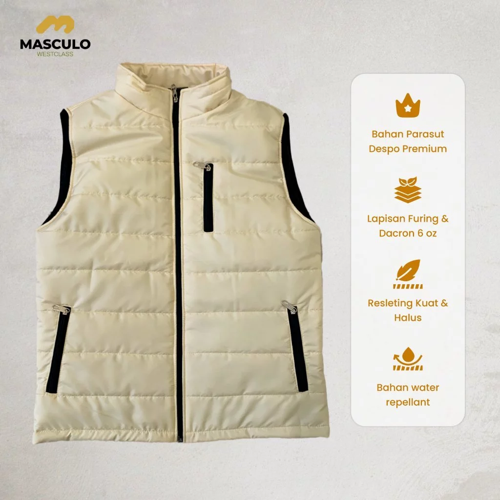 Vest puffer Masculo warna Butter dengan detail bahan parasut premium dan water repellent