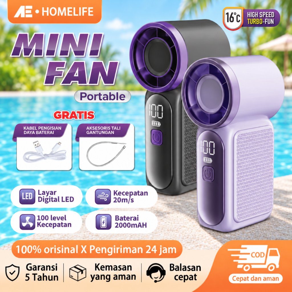 AE Kipas Mini Turbo 100 Speed Portable Fan USB Rechargeable Kipas Tangan Super Kencang Angin Kuat LED Display Pendingin Ruangan Outdoor