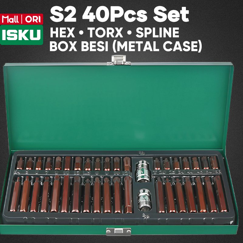 ISKU Bit Socket Set 40 Pcs S2 Steel Kunci Sok L Bintang Hex Segi Enam Torx Spline Adaptor 1/2 3/8 Inch Panjang Pendek Buka Baut Cakram Kop Silinder Mesin Motor Mobil Eropa Torsi Kuat Anti Patah Slek Box Besi Heavy Duty Bengkel Resmi Awet