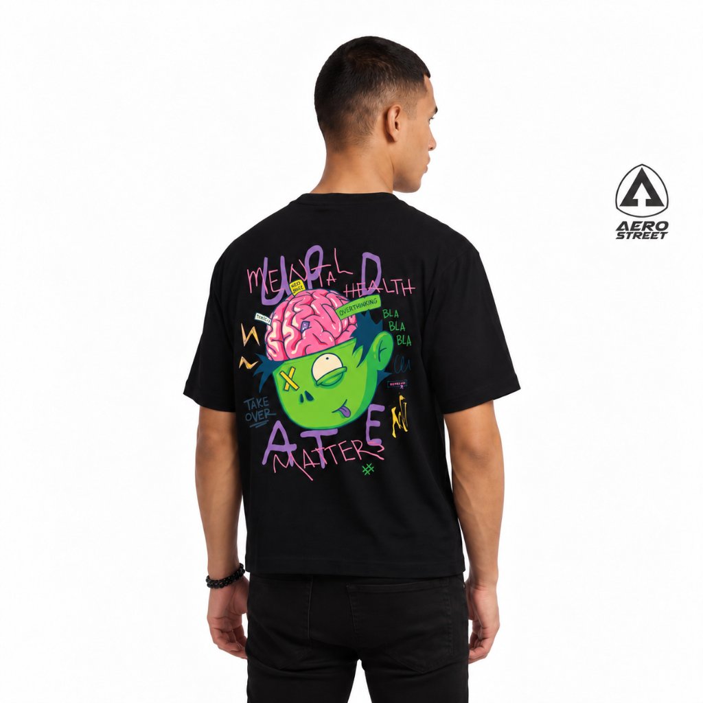 Aerostreet T-Shirt Boxy Fit Mental Health Hitam Kaos Katun Unisex Sablon Graphic Premium Streetwear Street Colorful