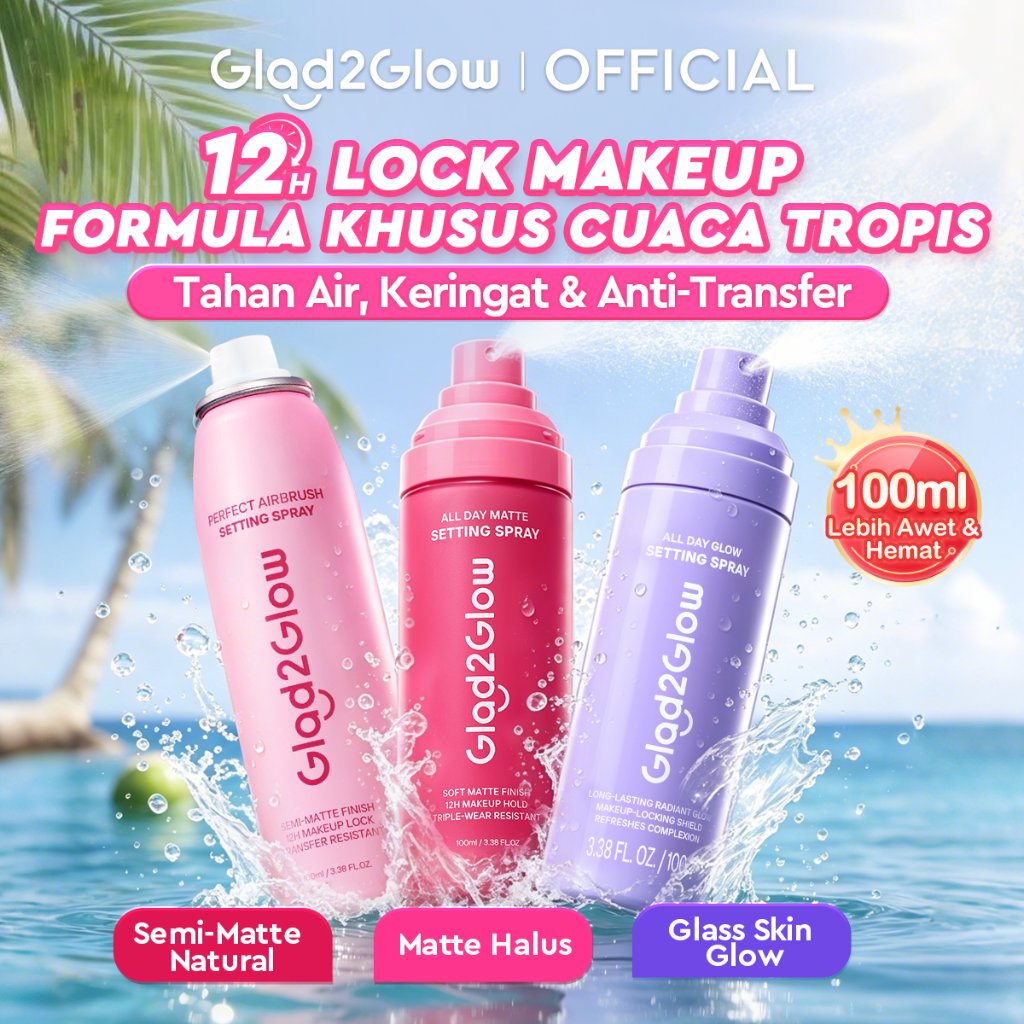 [Tahan Panas & Keringat]Glad2Glow Perfect Setting Spray 100ml (Matte / Glow / Soft Matte) 12H Kontrol Minyak & Tahan Lama Waterproof Sweatproof Anti Geser-glad2glow official