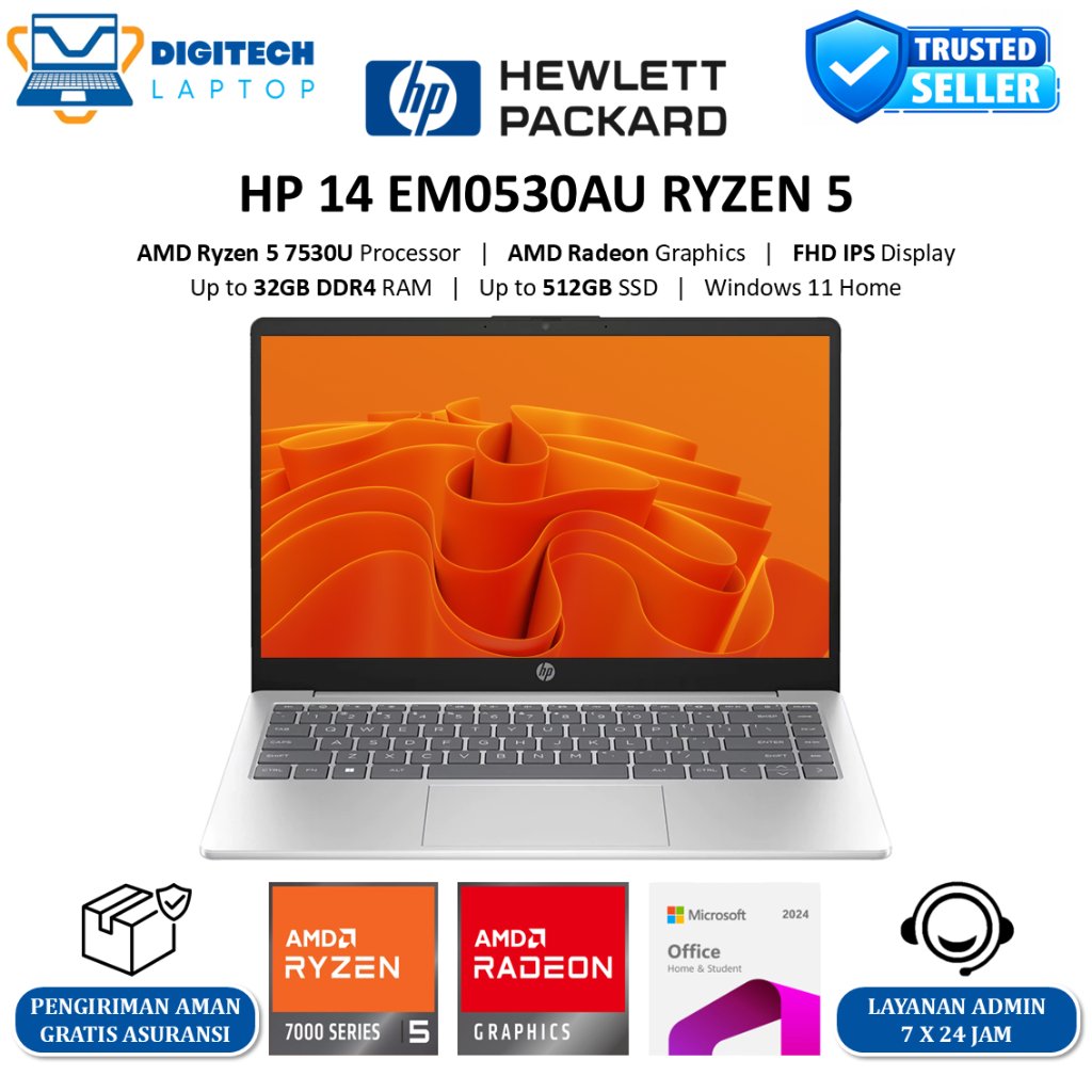 Jual HP 14 AMD Ryzen 5 7530U 32GB RAM 512GB SSD 14