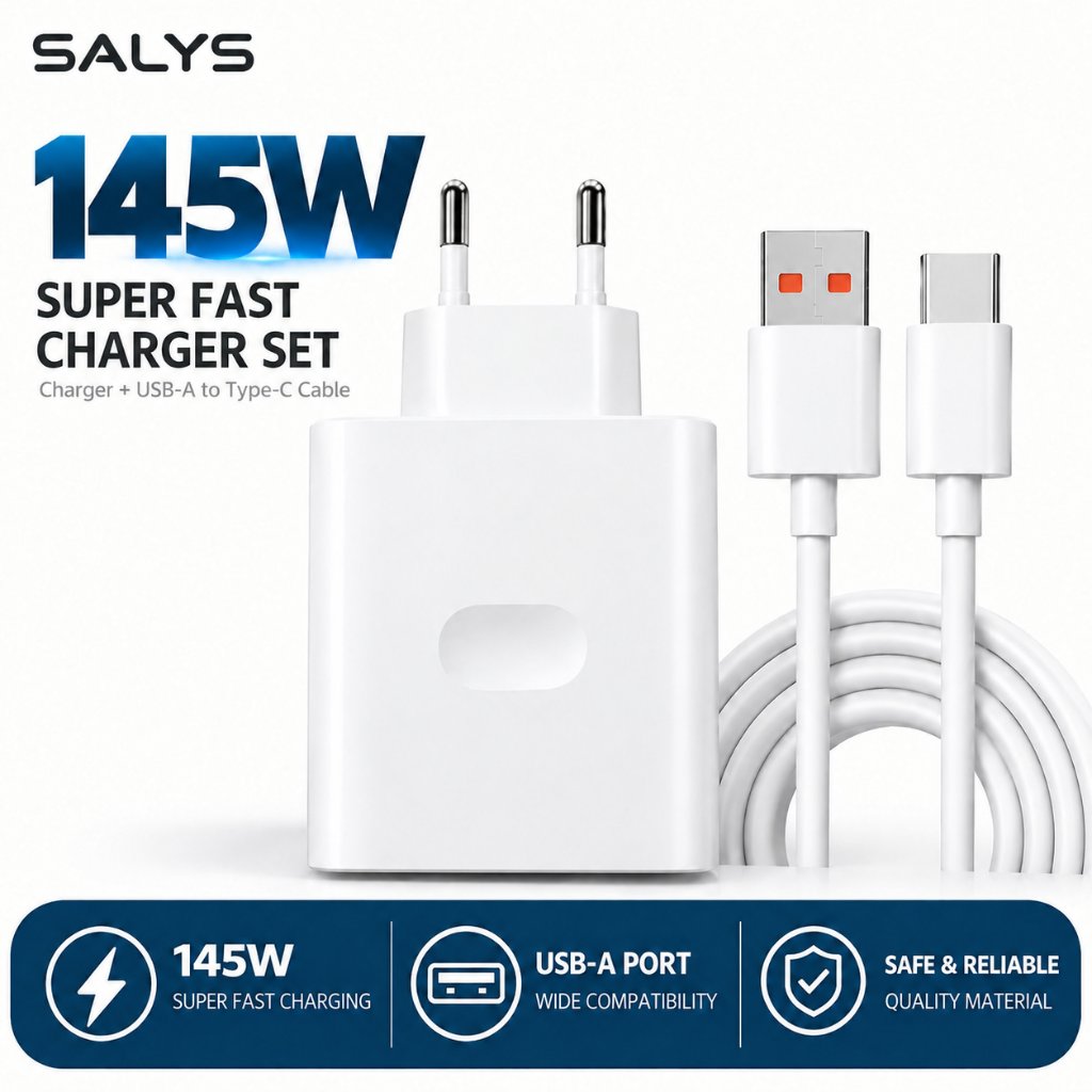 SALYS Adaptor Charger 145W Super Fast Charging Set Kabel USB Type C Quick Charge Kepala Charger untuk Oppo Vivo Realme Huawei Xiaomi Samsung Garansi 2 Tahun OP200