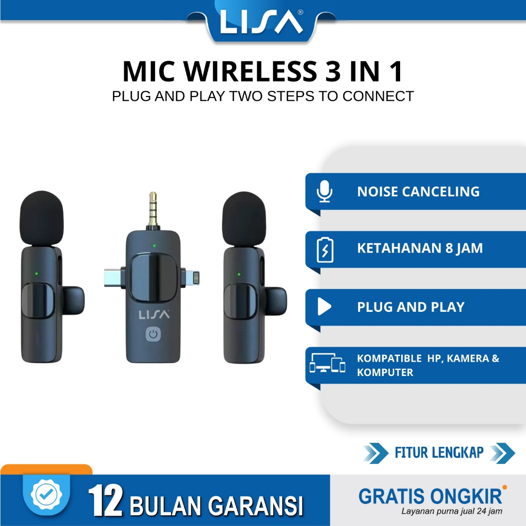 Jual LISA 3 IN 1 Mic Wireless Clip On 2 Microphone Wireless Clip On ...