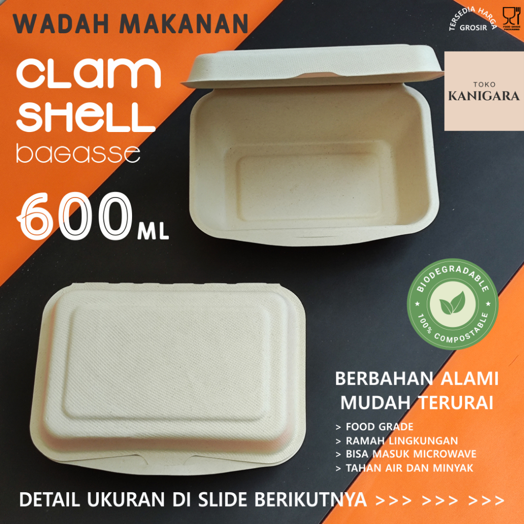 Jual Bagasse Clamshell 600ml - isi 25 pcs - Wadah Makanan Biodegradable ...