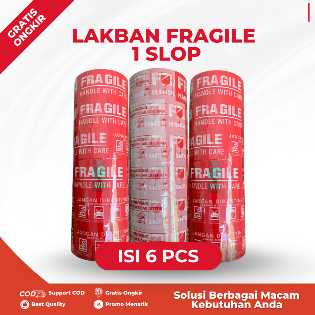 Jual 1 SLOP / 6 PCS Lakban Fragile Merah 72 Yard Putih Kuat Ekonomis ...