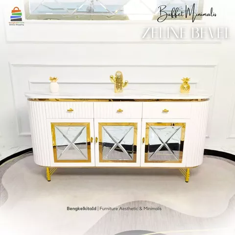 Meja TV Aesthetic Zeline Buffet Kaca Bevel Mewah Kayu Solid 160cm