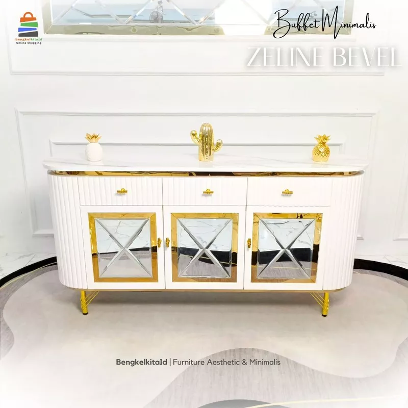 Meja TV Aesthetic Zeline Buffet Kaca Bevel Mewah Kayu Solid 160cm