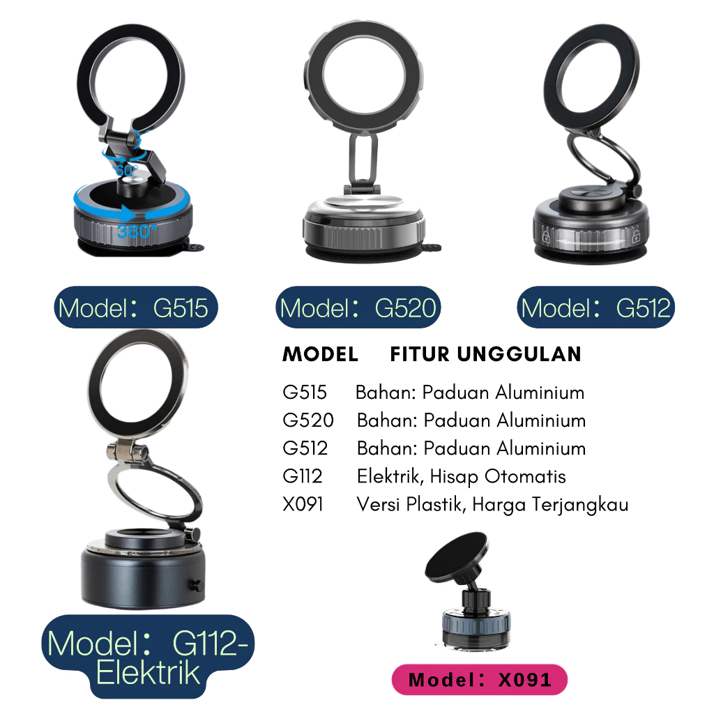 Magnetik 360 Rotasi Phone Holder HP Hisap Vakum Suction Kuat Mobil Meja Kantor Kaca Keramik | Rp76.000