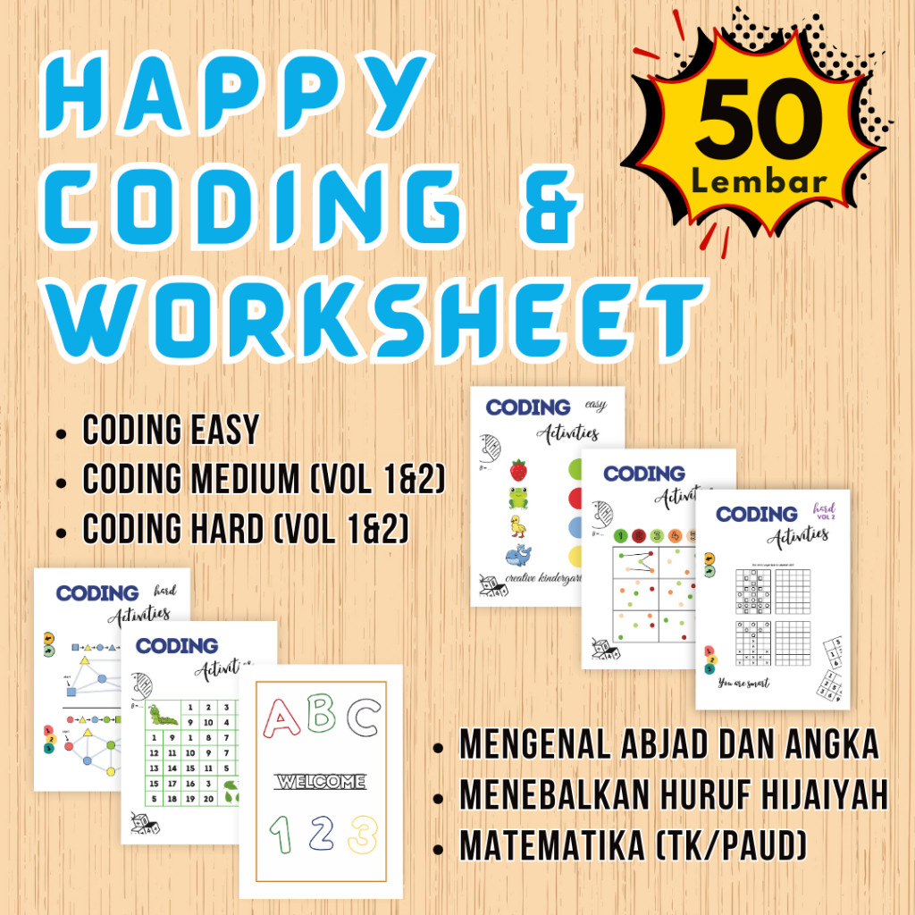 50 lembar Worksheet Coding Anak kertas aktivitas untuk PAUD TK SD HVS A5