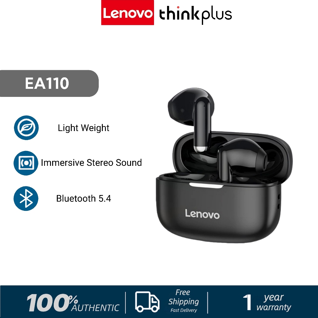 Lenovo EA110 TWS Bluetooth Earphone Mini Earbuds Noise Cancelling Headset  Nirkabel HiFi Stereo Baterai Awet dengan Mic untuk iOS Android