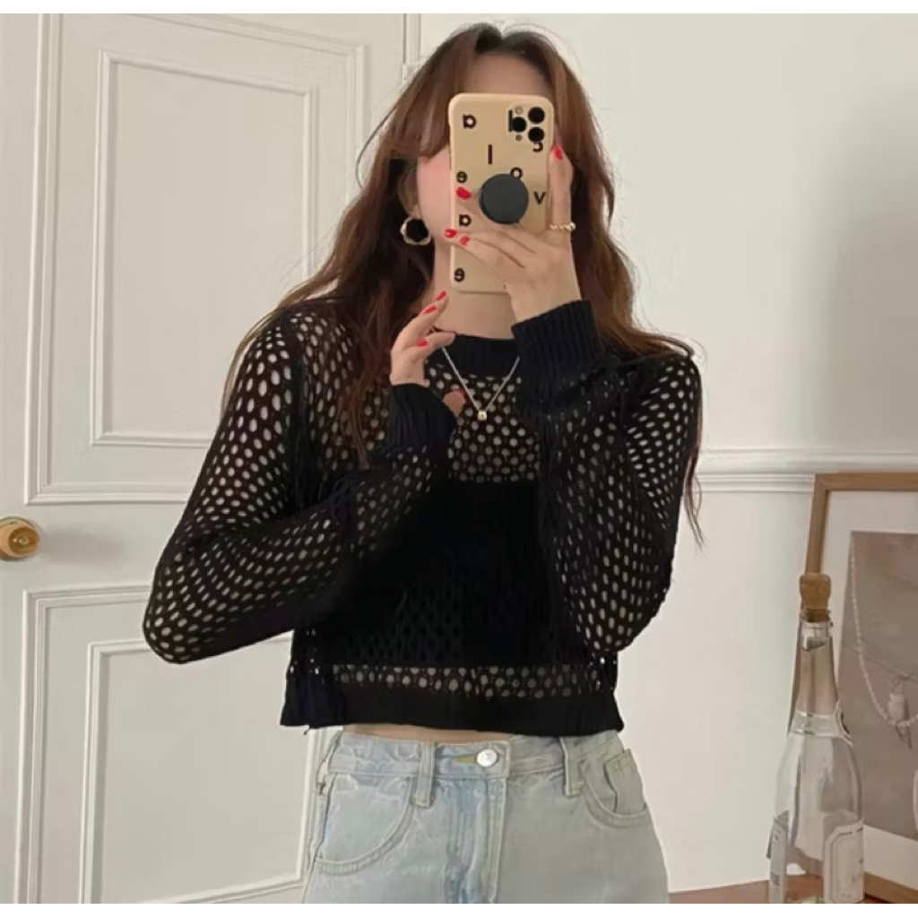 Jual Sweater Basic Outer Crop Rajut Jaring Ootd Fuji | Shopee Indonesia