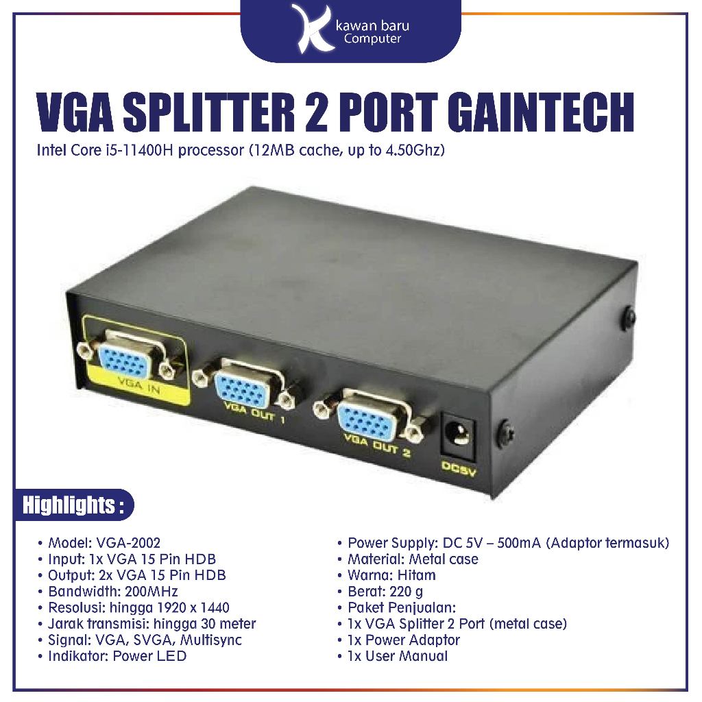 Jual VGA Splitter 2 Port Gaintech 250MHz 1 PC to 2 Monitor TV Proyektor ...