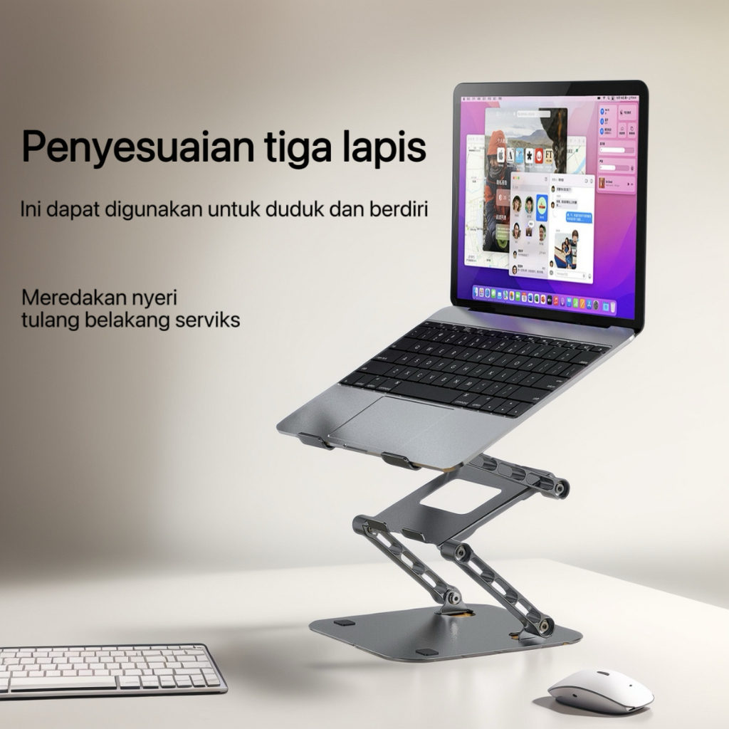 Jual Stander Laptop Anti Leher Pegal Tiga Lapis Hemat Ruang, Bahan Baja
