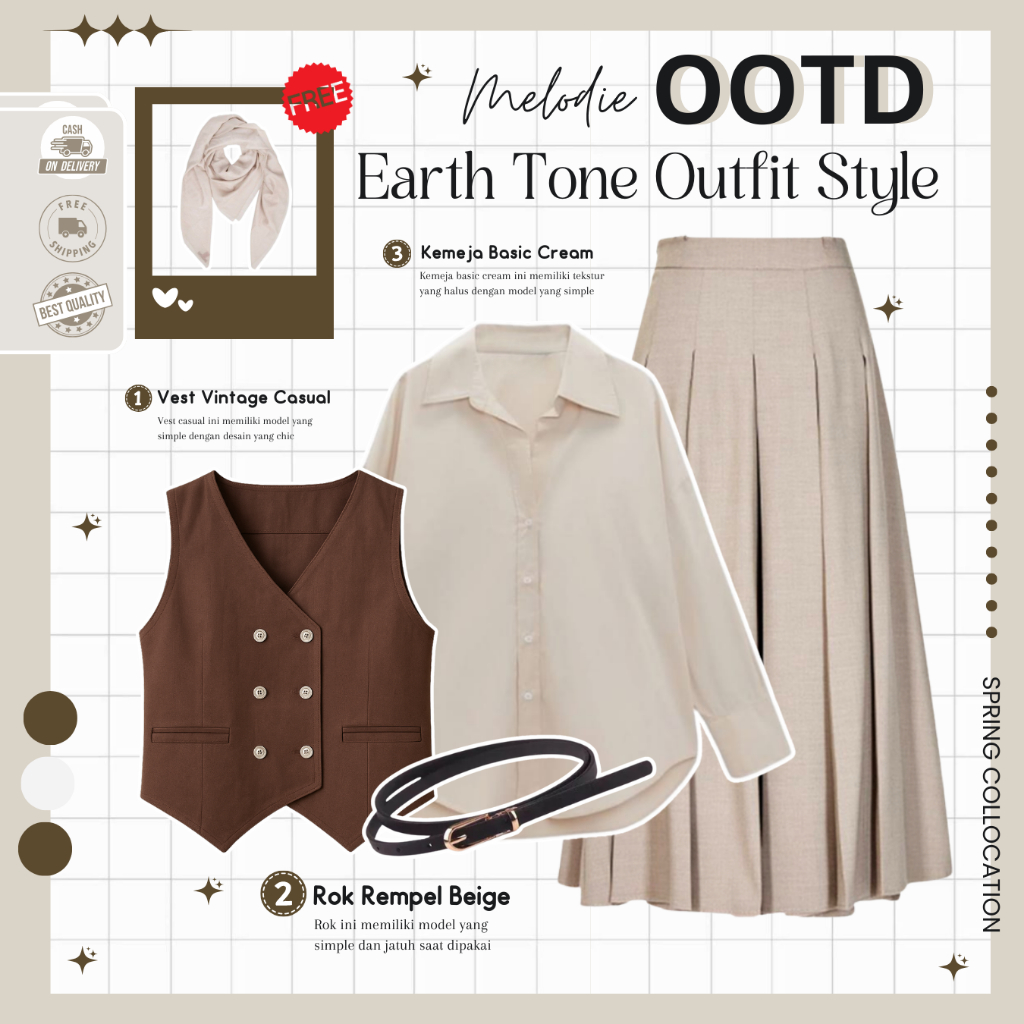 Jual Set Outfit Wanita Korean Style Kemeja Basic Cream, Rok