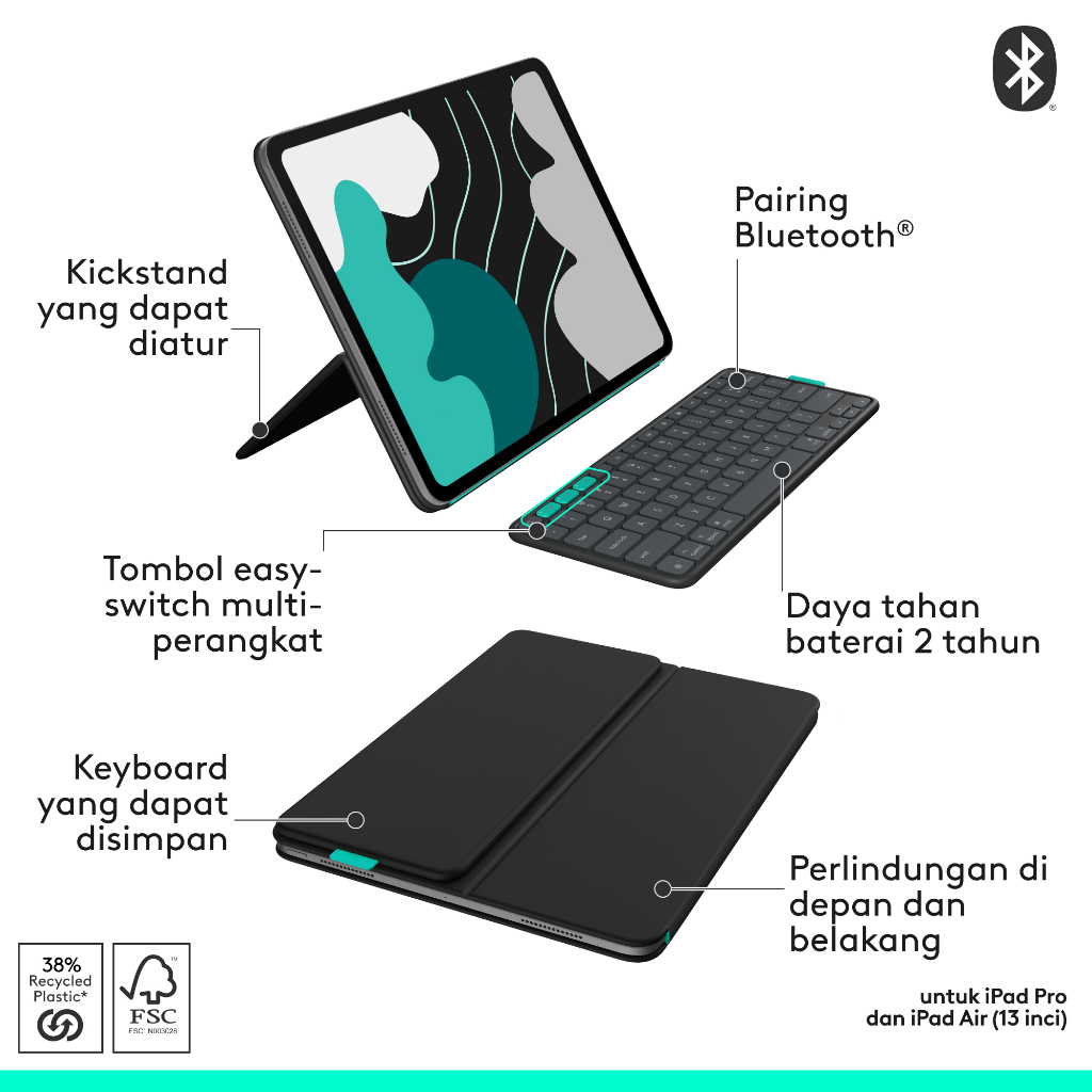 Logitech Flip Folio, Casing Keyboard untuk iPad Pro 13-inch (M4 & M5) & iPad Air 13-inch (M2, M3 & M4) – Casing Keyboard Bluetooth Pelindung & Dapat   (8)