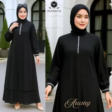 Arumy Gamis Trendy Muslim Model Ceruty Babydoll Full Puring Payet Swarovski Simple Elegan