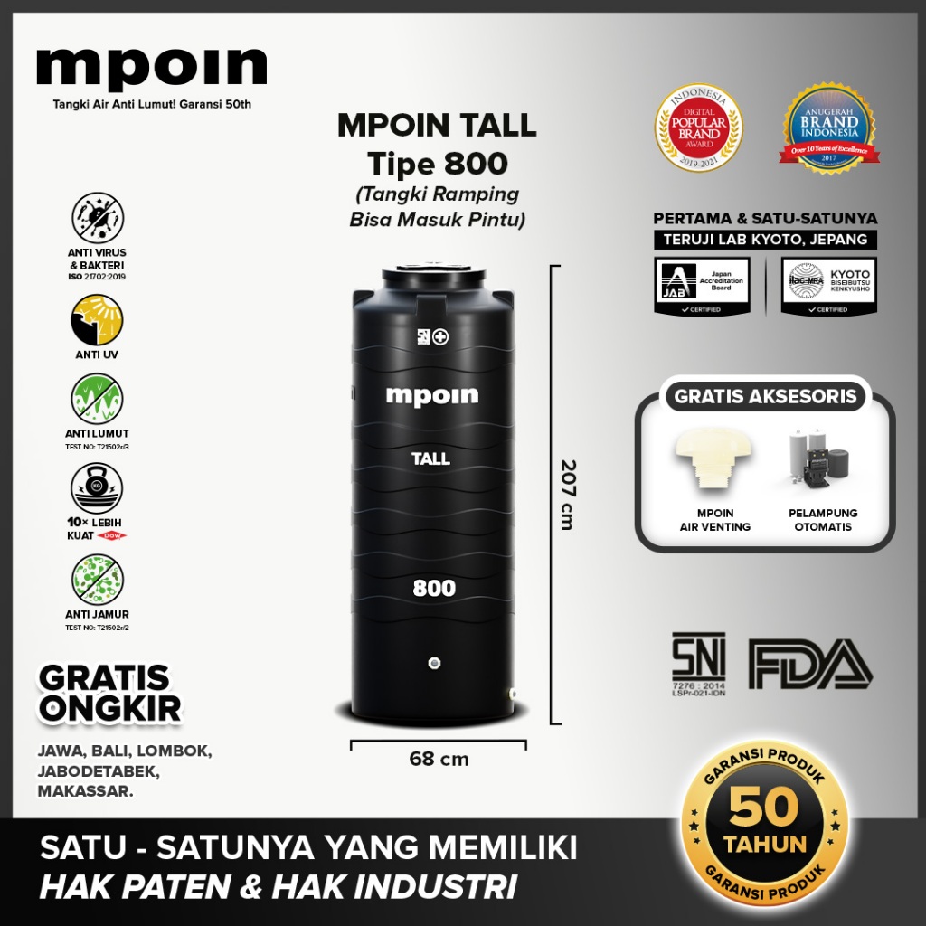Jual MPOIN Tangki Tandon Air TALL 800 liter Tangki Ramping - Anti ...