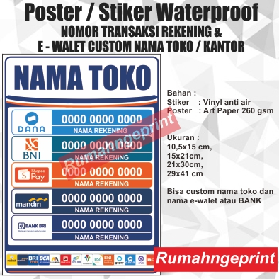 Jual Poster / Stiker Waterproof 1 set NOMOR TRANSAKSI REKENING BANK & E ...