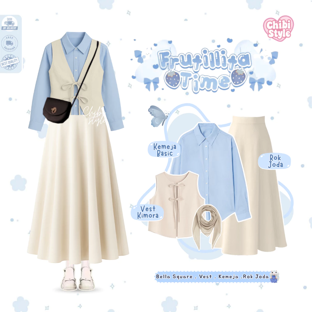 Baju Setelan Wanita Terbaru 2026 I Hijab + Kemeja + Vest + Rok I Outfit Caffe Date - CS 53