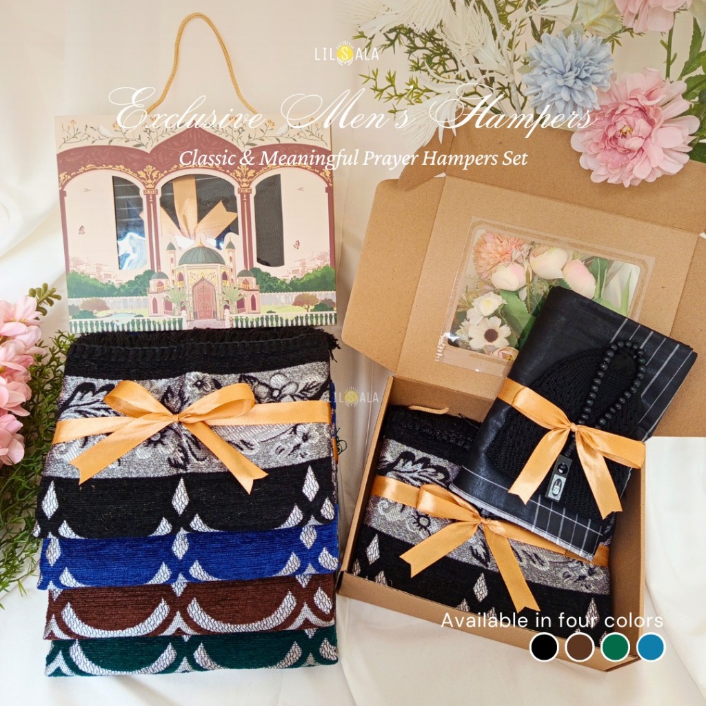 Hampers Pria Eksklusif Sajadah Turki Chenille Tenun + Sarung Tenun Dewasa + Peci + Tasbih Kayu | Exclusive Men’s Prayer Gift Box Mika Sleeve Masjid