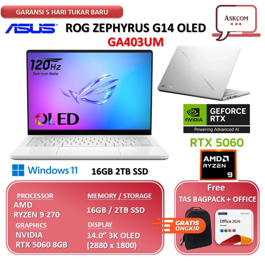 Asus ROG Zephyrus G14 OLED (2025) GA403UM RYZEN 9 270 RTX5060 8GB 16GB 2TB SSD 14.0"3K 120Hz Win11
