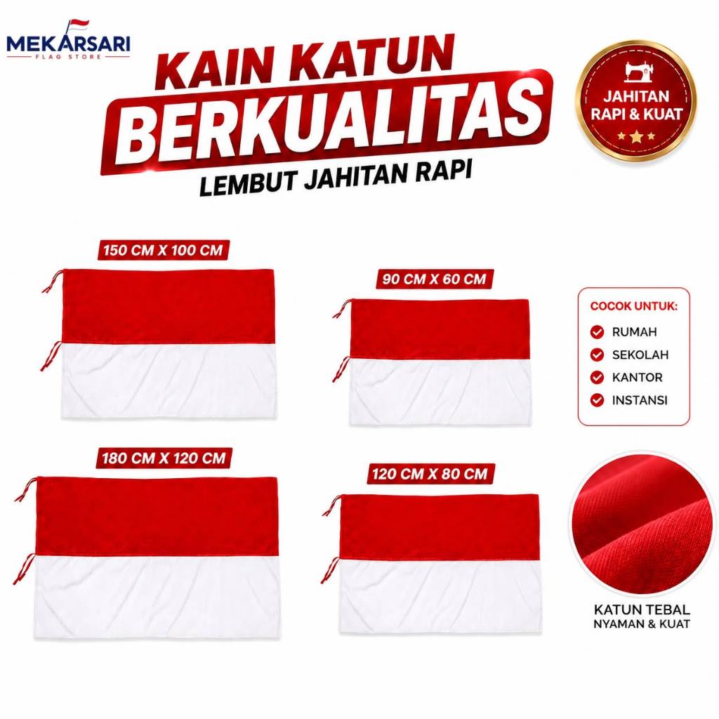 Bendera Merah Putih Katun Premium Bendera Indonesia Tebal Jahitan Kuat Untuk Tiang HUT RI 17 Agustus