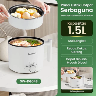 SAMONO Panci Listrik Anti Lengket 1.5L Pengukus Stainless Tutup Kaca Buat Kukusan Hotpot Electric Hotpot Multifungsi Alat Masak Rumah Tangga Low Watt Hemat Listrik Panci Anak Kos Traveling - SW-DG04S