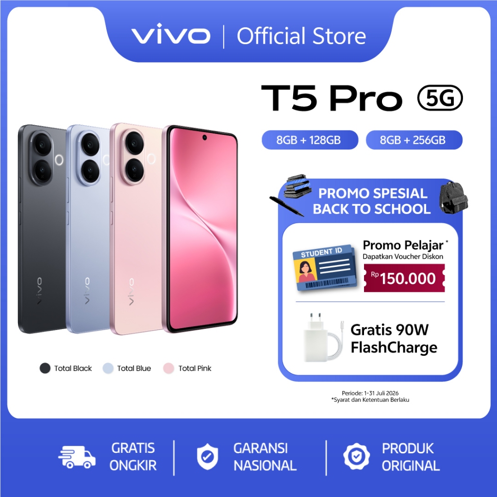 [ONLINE EXCLUSIVE] vivo T5 Pro 5G - Dimensity 7400-Turbo 5G + UFS 3.1, 6500 mAh + 90W FlashCharge, Origin OS + vivo AI, 50MP Sony IMX882