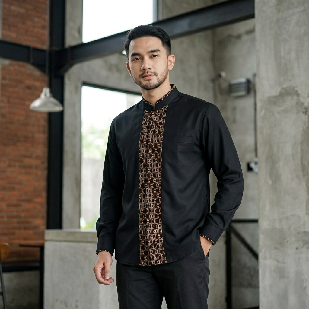 Baju Koko Pria Syauqy Gallery Excclusive Lengan Panjang Motif PANDU Warna Hitam Kombinasi Batik