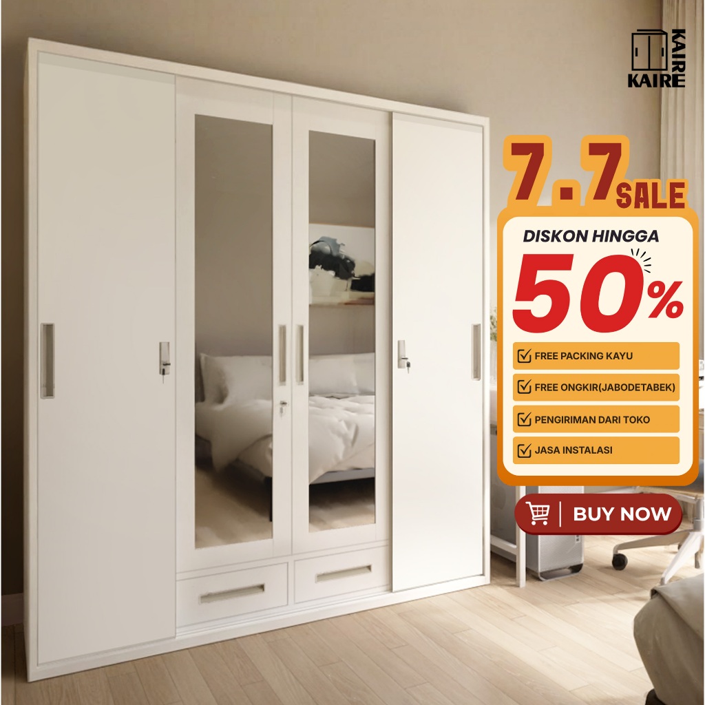 KAIRE  Lemari Pakaian Besi 4 Pintu Sliding Jumbo | 160cm 2 Laci+ 1 Batang Rak Baju