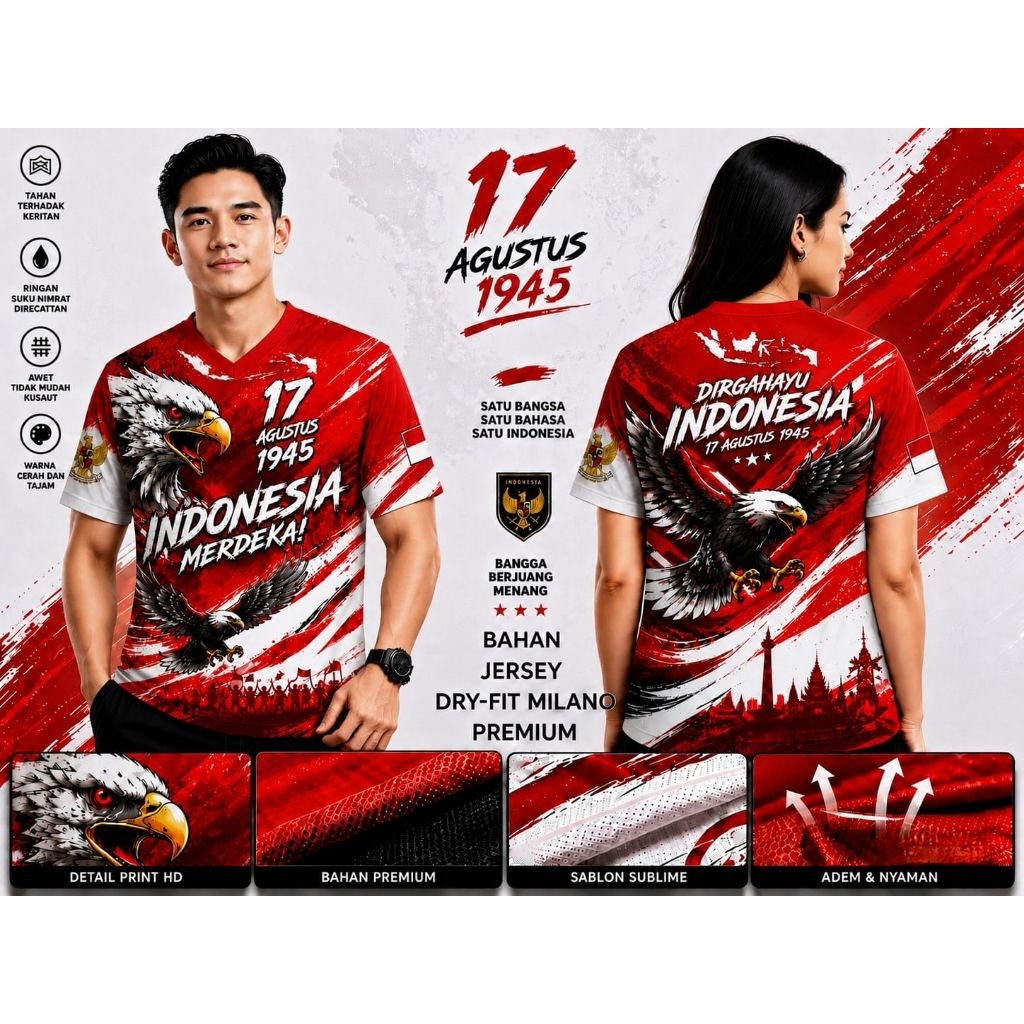 Jersey Kemerdekaan Indonesia/Atasan Hari Kemerdekaan/Jersey 17 Agustus/Jersey HUT RI Bahan Milano