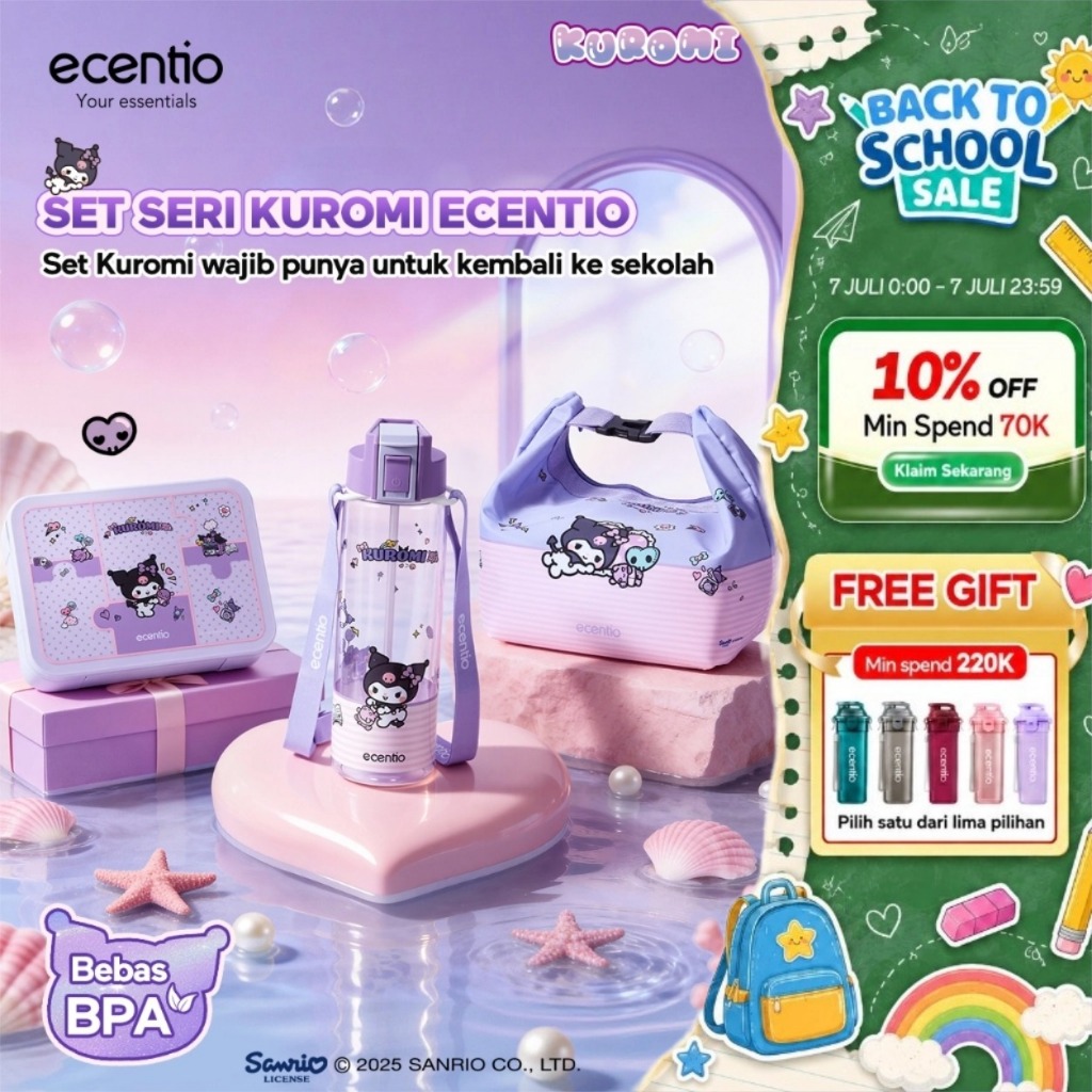 [Back To School] ecentio Kotak Makan Anak Kuromi Set Bekal Sekolah Lunch Box 950ml Anti Tumpah Botol Minum 900ml Sedotan Tas Bekal Insulated Gratis Sendok Garpu BPA Free Food Grade PP