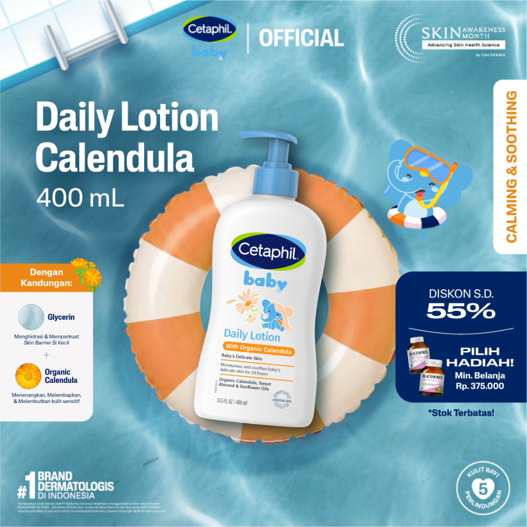 Cetaphil Baby with Organic Calendula Daily Lotion 400ml dengan Calendula, Glycerin, Sweet Almond Oil, dan Sunflower Oil Pelembap untuk Perawatan Kulit Bayi