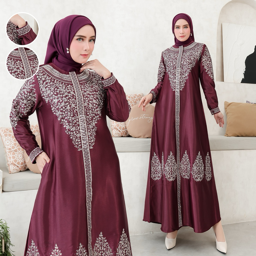 Gamis Satin Premium Kristal Bordir Elegan Wanita Mewah Terbaru Busui & Wudhu Friendly Kancing Tangan Berbagai Ukuran M-XXXL