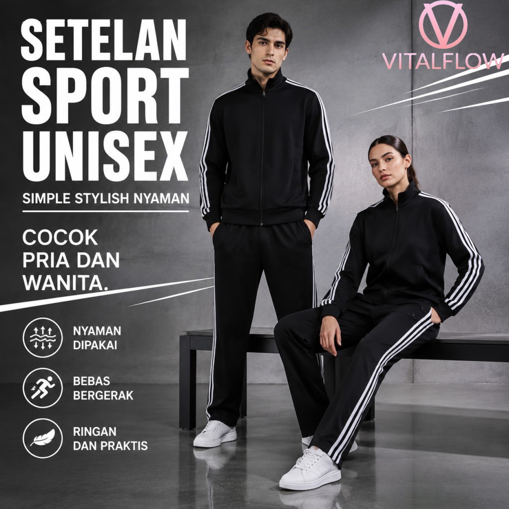[VITALFLOW] Setelan Olahraga Pria dan Wanita, Celana dan Hoodie dengan Tiga Garis, Cocok untuk Outdoor, Lari, dan Santai, Setelan Lengkap.