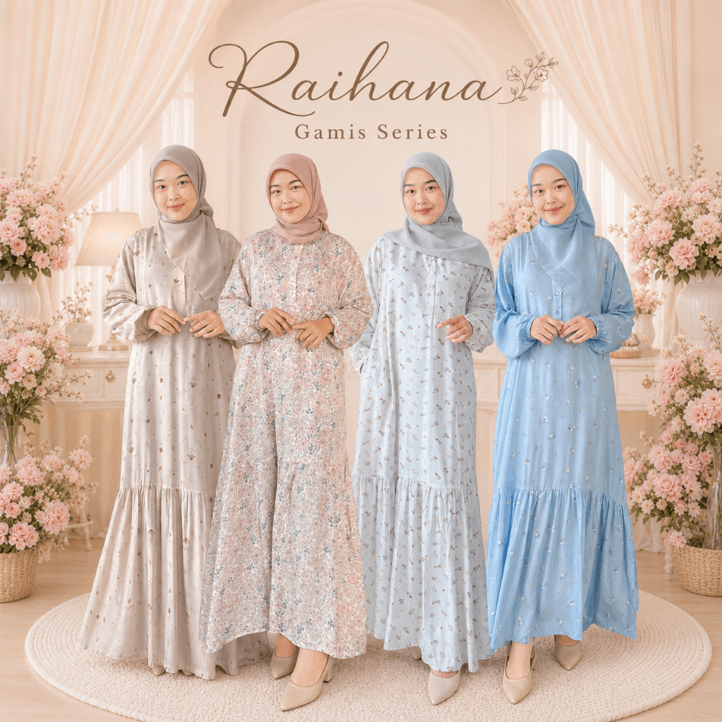 Gamis Daily Muslimah Dewasa Homey Dress Raihana Series Reyscarf - Rayon Viscose Premium Motif Adem Lembut Jatuh