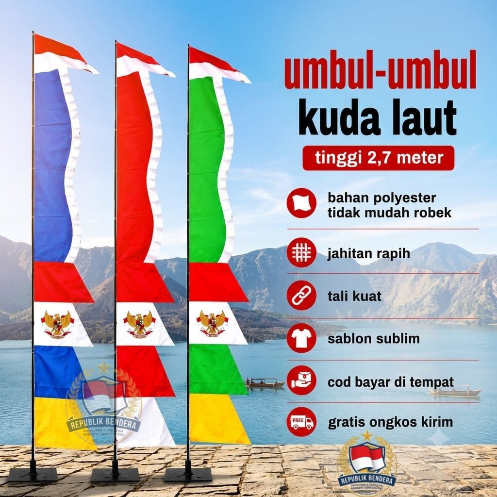 Bendera umbul-umbul 17 agustus kuda laut, Paket hemat isi ( 5,10,20pcs ) tinggi 2,8meter,jahitan rapih bahan bagus tidak mudah robek, cocok untuk memeriahkan dekorasi rumah,sekolah maupun kantor