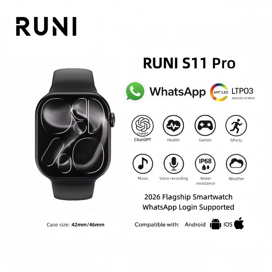 RUNI S11 Pro Smartwatch AMOLED 42/46mm, WhatsApp Chat, Bluetooth Call, IP68, Android & iOS