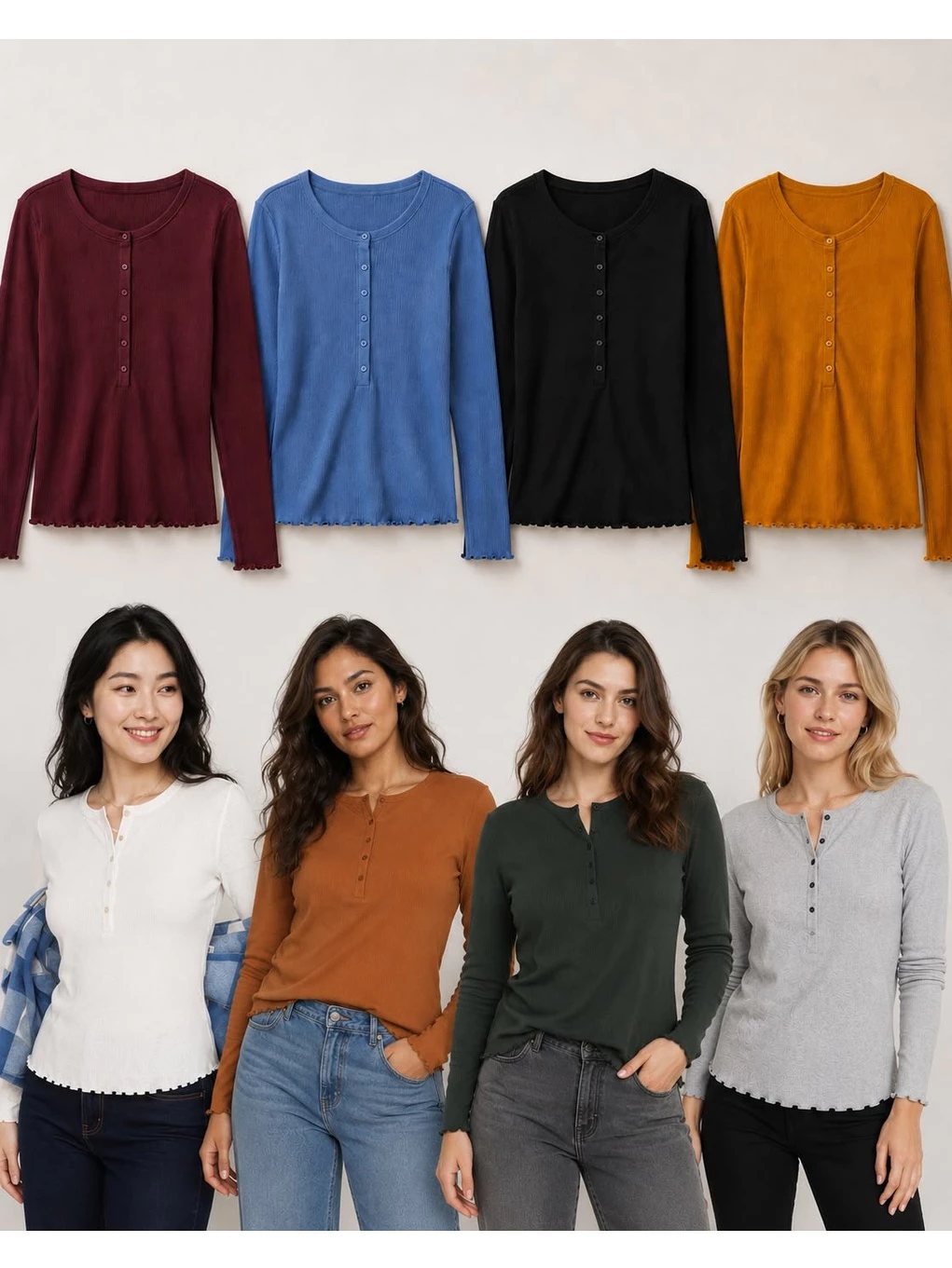Atasan Lengan Panjang OLN Long-Sleeve Rib-Knit Henley T-Shirt - 2849