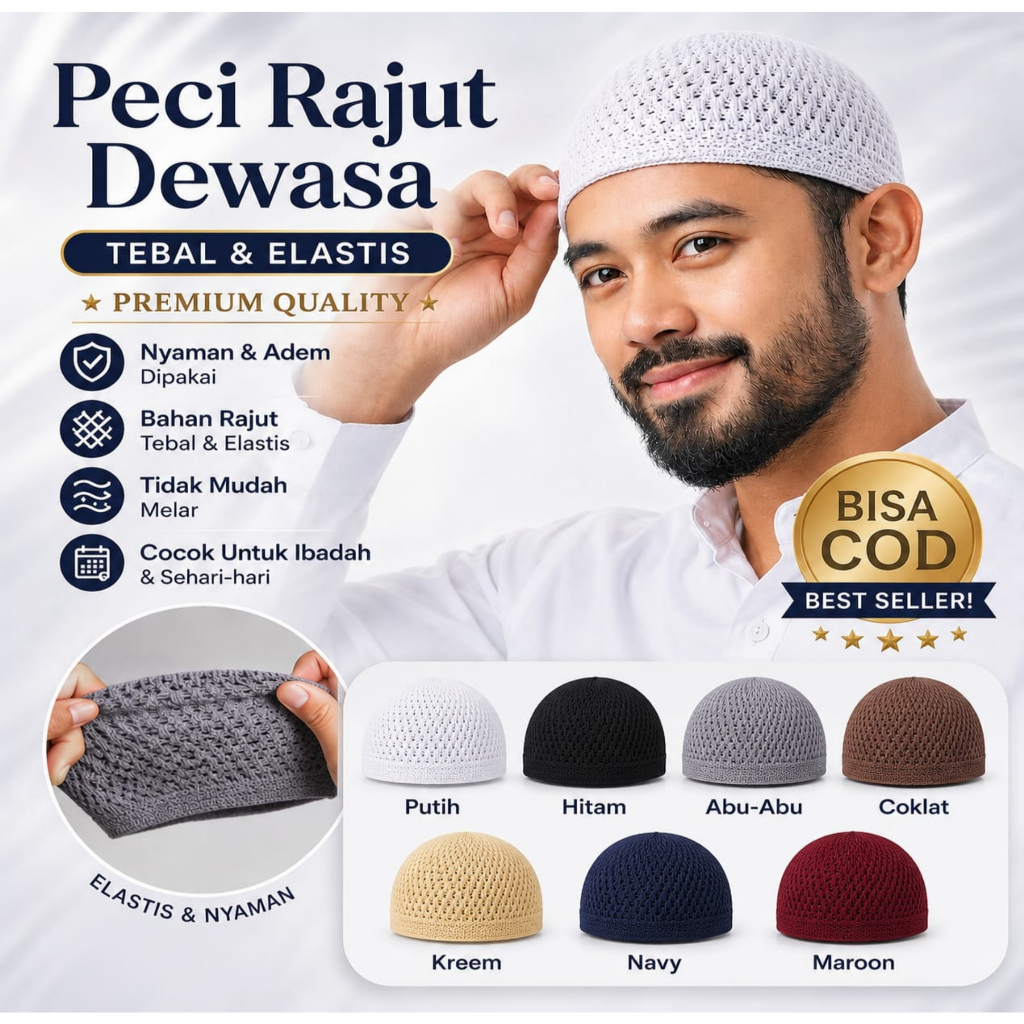Peci Rajut Dewasa Pria Kopiah Sholat Tahlilan Harian Tebal Adem Nyaman All Size