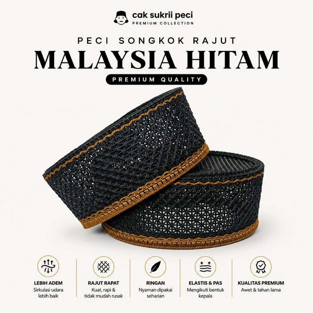 PECI SONGKOK RAJUT MALAYSIA HITAM EXCLUSIVE / PECI KOPIAH SONGKOK RAJUT MALAYSIA HANDMADE