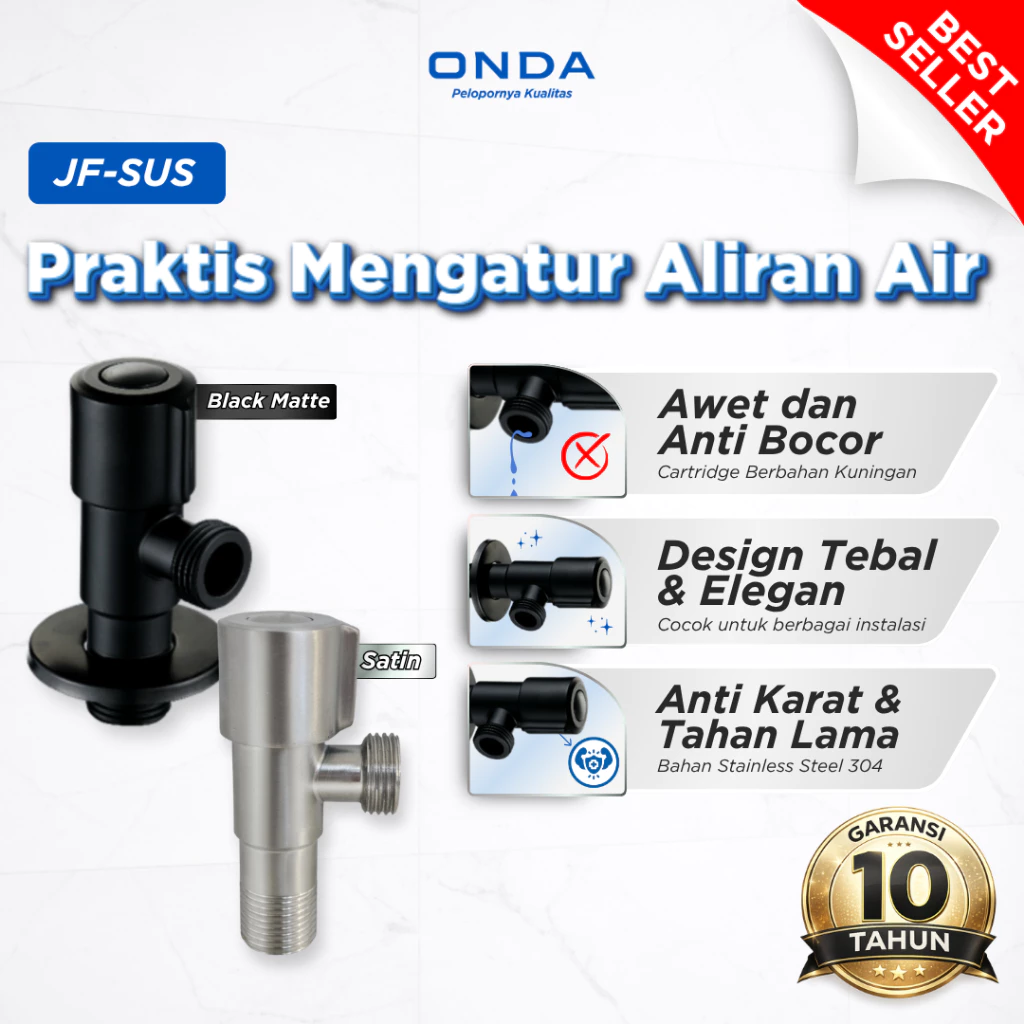 ONDA Stop Kran Toilet 1 Cabang 1/2 In Kran Kloset Kamar Mandi Toilet Anti Bocor JF-SUS JF-SUS BM - foto 1