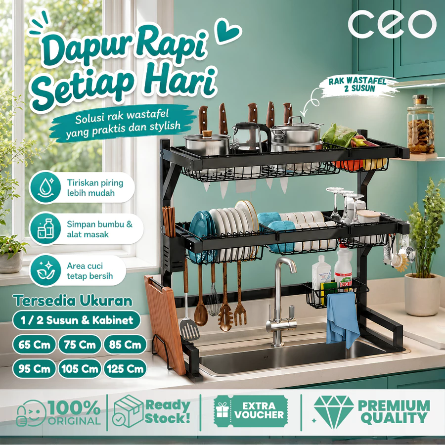 CEO Rak Piring Wastafel 1/2 Susun Dengan Peniris Baja Stainless Hitam/Putih 65/75/85/95/105cm