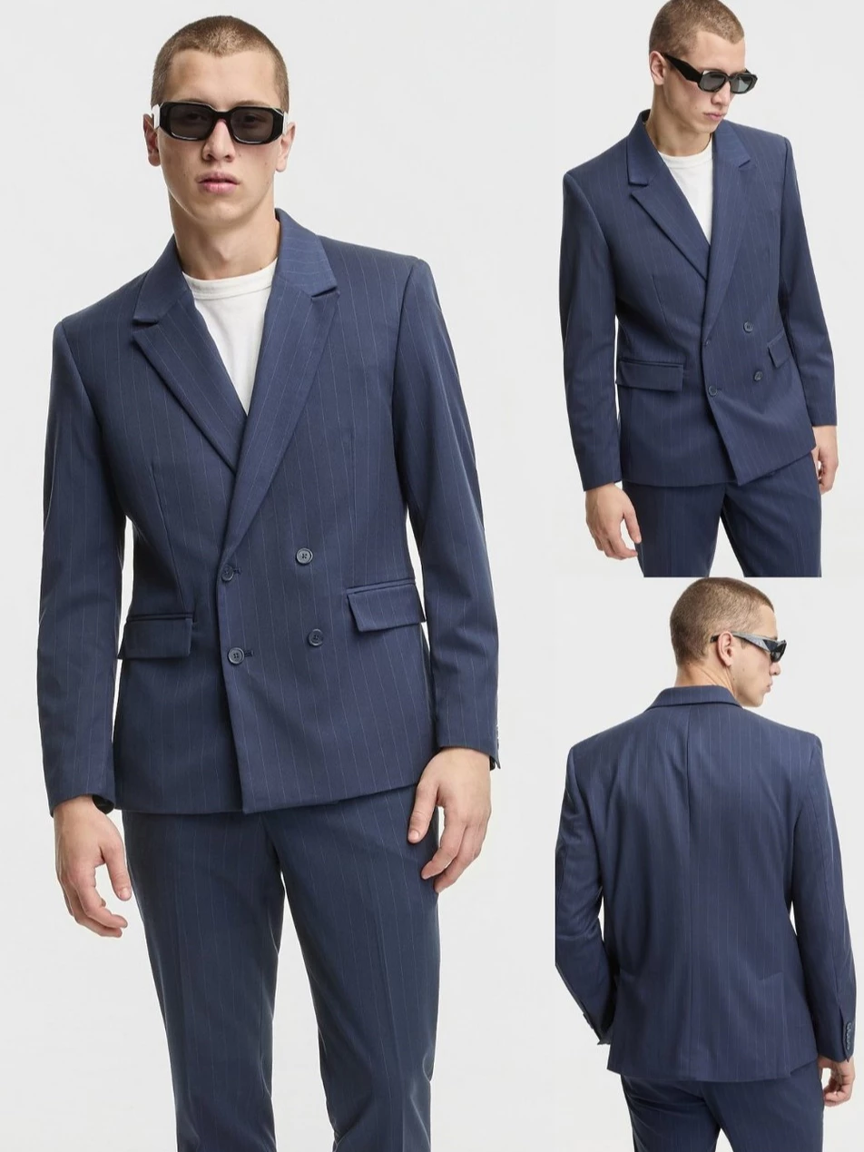 Blazer Formal Pria Kantoran MO Men's Slim-Fit Double-Breasted Pinstripe Blazer - 2941